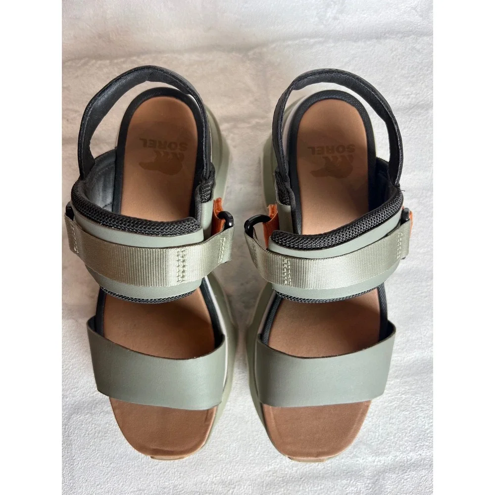 Sorel Kinetic Impact Y-Strap High Sandal Green Platform Wedge EUC gorpcore